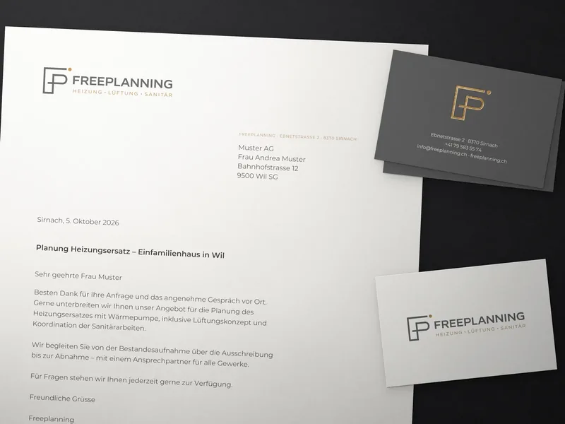 Logo von Freeplanning auf Briefpapier und Visitenkarten