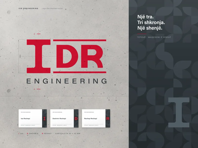 Logo and visual identity for IDR Engineering, steel construction and engineering firm in Tetovo: red IDR wordmark with a steel-beam I on a concrete wall, construction dimensions, dark panel of I-profiles and three business cards.
