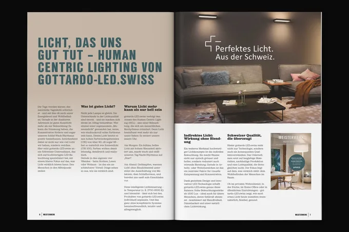 Firmenporträt im Magazin MEISTERWERK für gottardo-LED.swiss&nbsp;– Firmenporträt, 2 Seiten