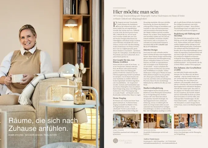 Firmenporträt «Hier möchte man sein» im Magazin MEISTERWERK für Homes & Styles Niedermann, Winterthur, Doppelseite
