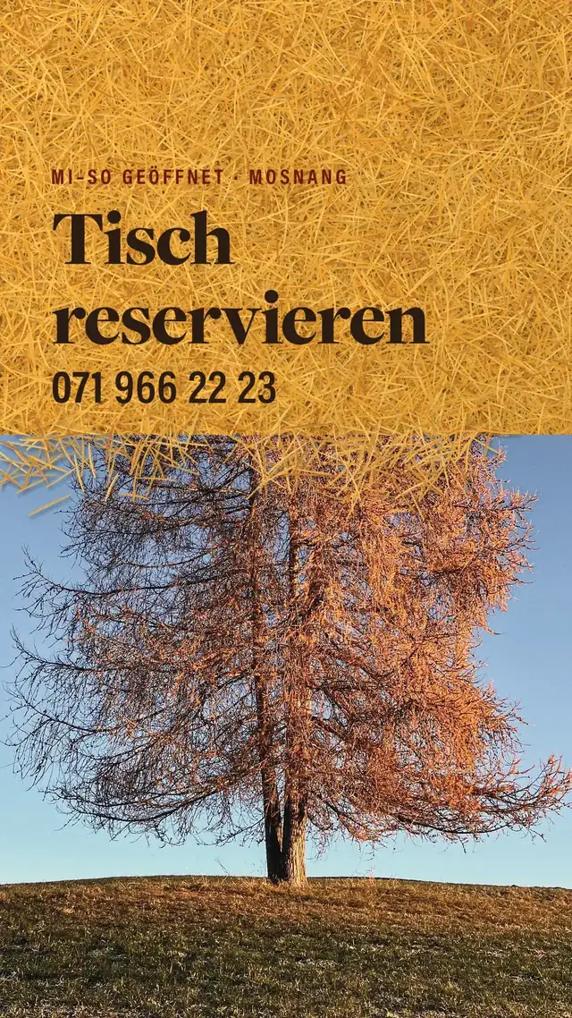 Story: book a table, open Wednesday to Sunday, +41 71 966 22 23