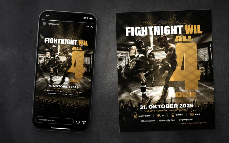 Social Media für Fightsport Wil (Instagram-Beitrag und Story · Fightnight Wil)