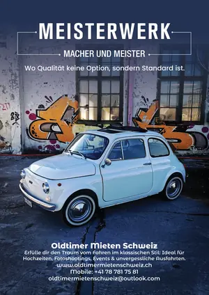 MEISTERWERK-Titelseite für Oldtimer Mieten Schweiz