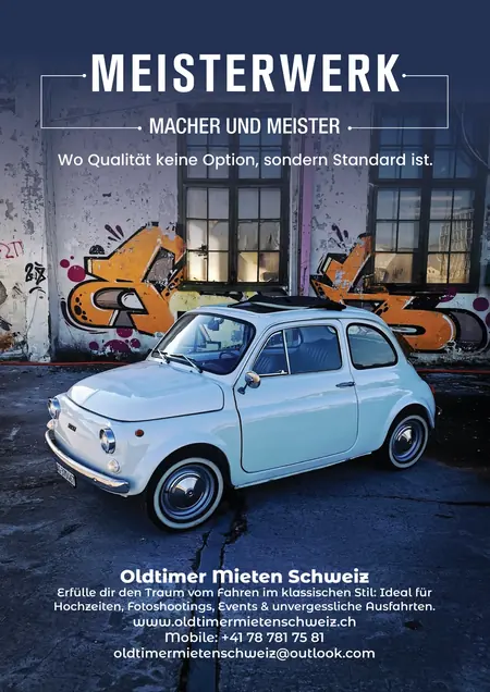 MEISTERWERK-Titelseite für Oldtimer Mieten Schweiz