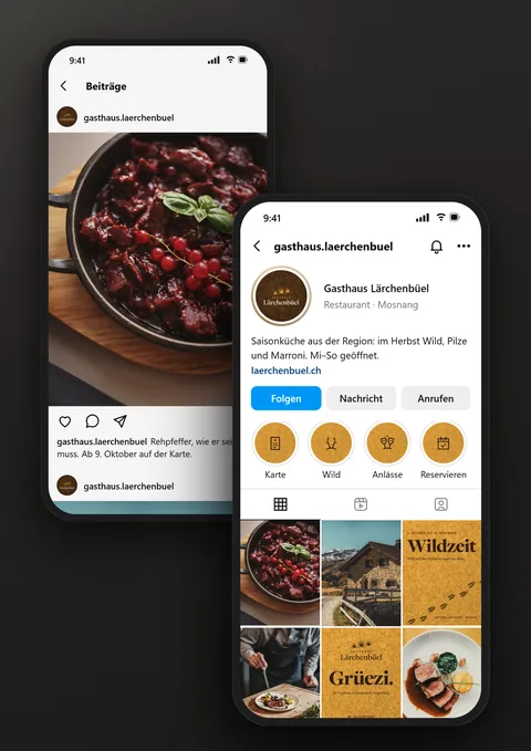 Social media: Instagram profile and post for Gasthaus Lärchenbüel on two phones
