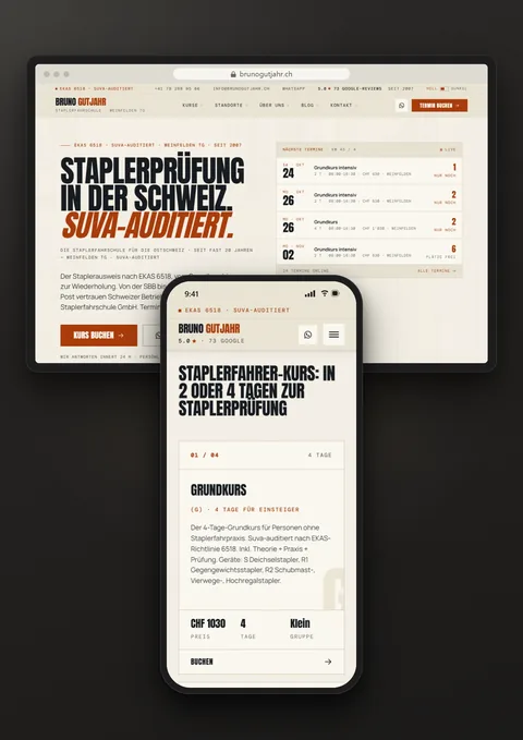 Webdesign: Website der Staplerfahrschule Bruno Gutjahr auf Bildschirm und Handy
