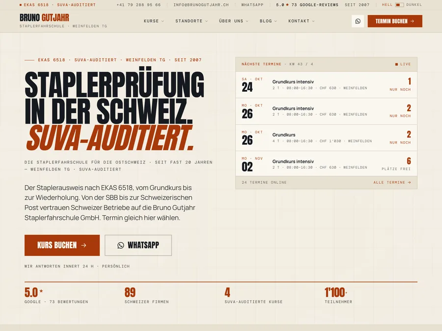 Startseite der Website brunogutjahr.ch mit Kursterminen und Buchung