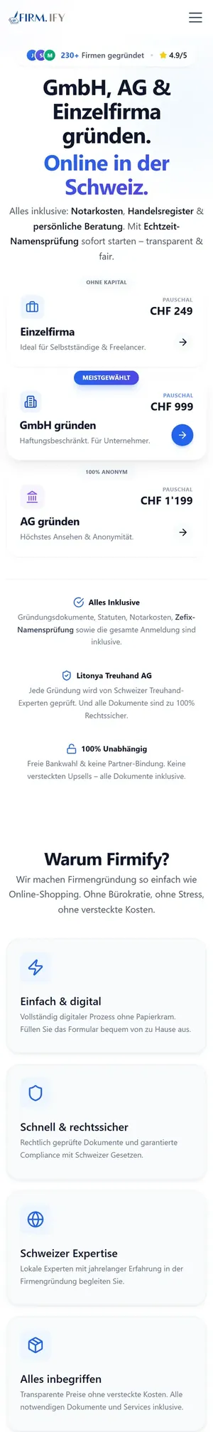 Startseite von firmify.ch auf dem Handy